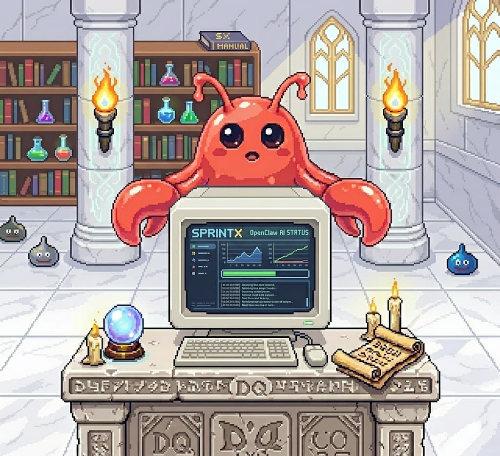 OpenClaw studying the SprintX console inside a candlelit library